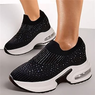 Women's Sneakers Flyknit Shoes Outdoor Daily Rhinestone Wedge Heel Hidden Heel Round Toe Casual Comfort Minimalism Tissage Volant Loafer Solid Color Black Beige Lightinthebox