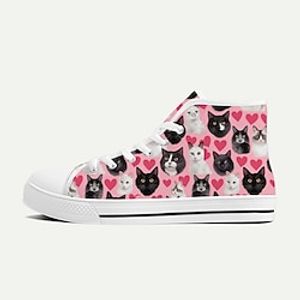 Women's Sneakers Print Shoes Animal Print Canvas Shoes Valentine's Day Daily Cat Heart-shaped Flat Heel Classic Casual Canvas Lace-up Yellow Pink Blue Lightinthebox