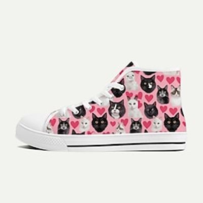 Women's Sneakers Print Shoes Animal Print Canvas Shoes Valentine's Day Daily Cat Heart-shaped Flat Heel Classic Casual Canvas Lace-up Yellow Pink Blue Lightinthebox