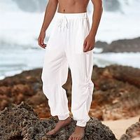 Men's Linen Pants Trousers Summer Pants Beach Pants Drawstring Elastic Waist Elastic Cuff Plain Comfort Breathable Daily Holiday Vacation Cotton Blend Hawaiian Boho Dark Brown Black Lightinthebox