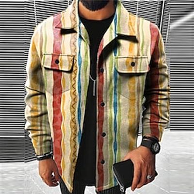 Stripe Plaid  Check Geometry Artistic Men's Shirt Shirt Jacket Shacket Outdoor Street Casual Daily Fall  Winter Turndown Long Sleeve Yellow khaki S M L Shirt Lightinthebox