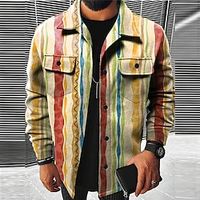 Stripe Plaid  Check Geometry Artistic Men's Shirt Shirt Jacket Shacket Outdoor Street Casual Daily Fall  Winter Turndown Long Sleeve Yellow khaki S M L Shirt Lightinthebox - thumbnail