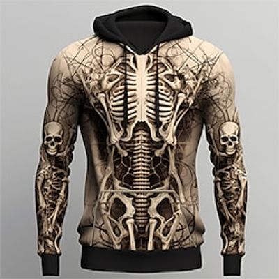 Graphic Skeleton Daily Basic Casual Men's 3D Print Hoodie Pullover Sports Outdoor Holiday Vacation Hoodies Light Brown Brown Hooded Front Pocket Print Spring   Fall Designer Lightinthebox