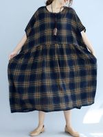 Vintage Women Short Sleeve O-Neck Plaid Print Dresses