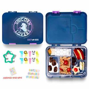 Eazy Kids 6 & 4 Convertible Bento Lunch Box With Sandwich Cutter Set - Unicorn Lover Blue