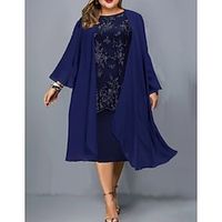 Women's Plus Size Dress Set Floral Crew Neck Long Sleeve Fall Winter Work Formal Midi Dress Formal Work Dress Lightinthebox - thumbnail