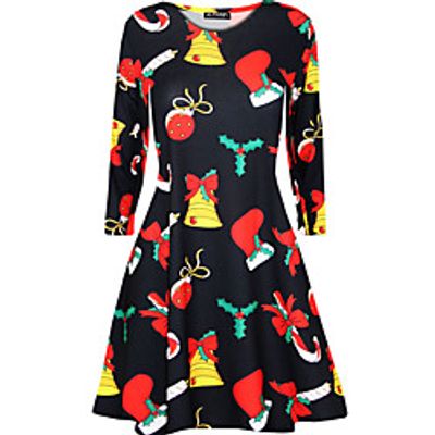 Women's A Line Dress Knee Length Dress Black Long Sleeve Print Print Fall Winter Round Neck Casual Christmas 2021 S M L XL miniinthebox