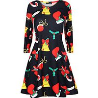 Women's A Line Dress Knee Length Dress Black Long Sleeve Print Print Fall Winter Round Neck Casual Christmas 2021 S M L XL miniinthebox - thumbnail
