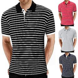 Men's Golf Shirt Golf Polo Work Casual Lapel Short Sleeve Basic Modern Stripes Button Spring Summer Regular Fit Black Red Navy Blue Blue Gray Golf Shirt Lightinthebox