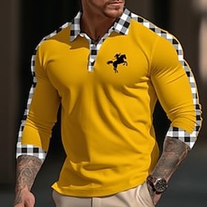 Men's Sport Polo Button Up Polos Casual Sports Lapel Long Sleeve Fashion Basic Plaid Color Block Button Embroidery Spring   Fall Regular Fit White Yellow Blue Dark Blue Sport Polo Lightinthebox