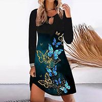 Women's A Line Dress Short Mini Dress Black Long Sleeve Butterfly Print Fall Round Neck Casual 2021 S M L XL XXL 3XL 4XL 5XL Lightinthebox - thumbnail