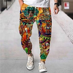 Men's Joggers Trousers Summer Pants Beach Pants Drawstring Elastic Waist Cartoon Graphic Prints Flower / Floral Comfort Breathable Sports Outdoor Casual Daily Streetwear Designer Red Orange miniinthebox