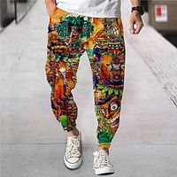 Men's Joggers Trousers Summer Pants Beach Pants Drawstring Elastic Waist Cartoon Graphic Prints Flower / Floral Comfort Breathable Sports Outdoor Casual Daily Streetwear Designer Red Orange miniinthebox - thumbnail