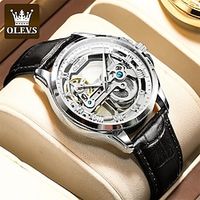 OLEVS Mechanical Watch for Men Automatic Self-winding Waterproof Hollow Engraving Noctilucent Fashion PU Leather Leather Men Wrist Watch miniinthebox - thumbnail