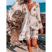 Women's Casual Dress A Line Dress Graphic Tassel Fringe Print V Neck Mini Dress Bohemia Boho Holiday Vacation Long Sleeve Loose Fit White Summer S M L XL 2XL Lightinthebox