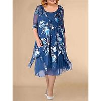Women's Plus Size Two Piece Dress Set Party Dress Lace Dress Party Wedding Guest Fashion Elegant Lace Print Midi Dress Crew Neck Long Sleeve Floral Regular Fit Navy Blue Fall Winter L XL XXL 3XL 4XL Lightinthebox - thumbnail