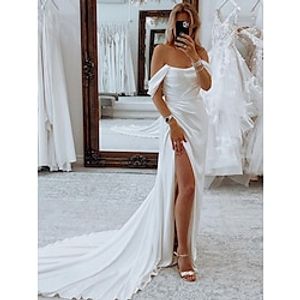 Reception Formal Wedding Dresses Sheath  Column Off Shoulder Sleeveless Court Train Stretch Fabric Bridal Suits Bridal Gowns With Pleats Ruched 2023 Summer Wedding Party, Women's Clothing Lightinthebox