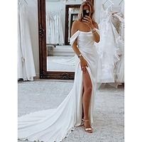 Reception Formal Wedding Dresses Sheath  Column Off Shoulder Sleeveless Court Train Stretch Fabric Bridal Suits Bridal Gowns With Pleats Ruched 2023 Summer Wedding Party, Women's Clothing Lightinthebox - thumbnail