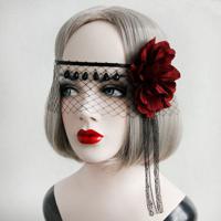 Sexy Mask Black Lace Gauze Crystal Red Flower Ribbon Mask - thumbnail