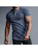 Men's Outdoor Casual Solid Color Henry Collar Bottoming Shirt Sports Fitness Running Slim Short-sleeved T-shirt
