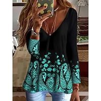 Women's T shirt Tee Green Floral Print Long Sleeve Daily Weekend Basic V Neck Regular Floral Painting S Lightinthebox - thumbnail