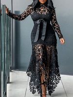 Lace Cutout Long Sleeve Stand Collar Tie Irregular Maxi Dress