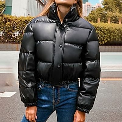 Women's Parka Puffer Jacket Thicken Winter Coat Warm Windproof Heated Coat Zipper Cropped Outerwear Long Sleeve Fall Black Khaki Coffee S M Lightinthebox