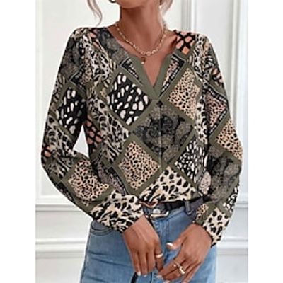 Women's Shirt Blouse Leopard Paisley Blue Purple Brown Print Long Sleeve Casual Fashion V Neck Regular Fit Spring   Fall Lightinthebox
