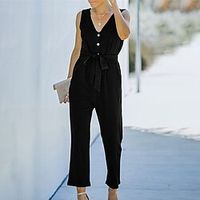 Women's Jumpsuit Pocket Button Solid Color V Neck Casual Street Daily Regular Fit Sleeveless Black Blue Beige S M L Spring Lightinthebox - thumbnail