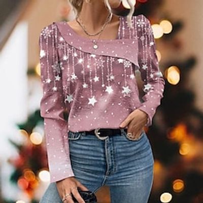Women's T shirt Tee Christmas Shirt Pink Blue Green Snowflake Print Long Sleeve Christmas Weekend Festival  Holiday V Neck Regular Fit Painting Spring   Fall Lightinthebox