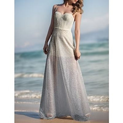 Beach Boho Wedding Dresses Sheath  Column Camisole Sleeveless Sweep  Brush Train Sequined Bridal Gowns With Pearls Beading 2024 Lightinthebox