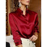 Women's Shirt Blouse Satin Plain White Yellow Red Button Long Sleeve Christmas Work Casual Daily Business Mature V Neck Regular Fit Spring   Fall miniinthebox - thumbnail
