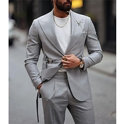 Gray Men's Wedding Suits 2 Piece Solid Colored Tailored Fit Single Breasted Two-buttons 2023 Lightinthebox