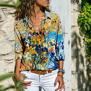 Women's Blouse Shirt Floral Abstract Long Sleeve Pocket Button Print Shirt Collar Tops Basic Streetwear Basic Top Blue Purple Yellow miniinthebox