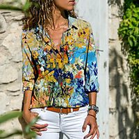 Women's Blouse Shirt Floral Abstract Long Sleeve Pocket Button Print Shirt Collar Tops Basic Streetwear Basic Top Blue Purple Yellow miniinthebox - thumbnail
