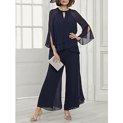 Jumpsuits Mother of the Bride Dress Wedding Guest Elegant Jewel Neck Ankle Length Chiffon Long Sleeve with Ruching Solid Color 2023 Lightinthebox