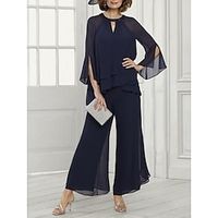 Jumpsuits Mother of the Bride Dress Wedding Guest Elegant Jewel Neck Ankle Length Chiffon Long Sleeve with Ruching Solid Color 2023 Lightinthebox - thumbnail