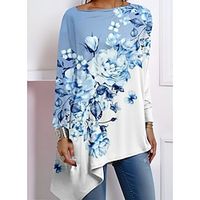 Women's Shirt Blouse Floral Pink Blue Purple Print Asymmetric Hem Long Sleeve Casual Holiday Fashion Off Shoulder Regular Fit Spring   Fall Lightinthebox - thumbnail