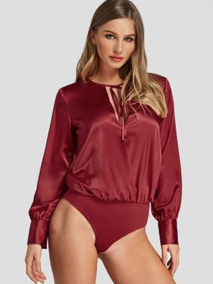 Burgundy Self-tie Design V-neck Bodysuits Burgundy Self-tie Design V-neck Bodysuits