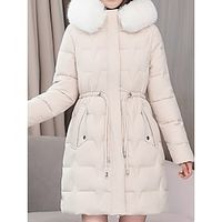 Women's Long Puffer Thicken Winter Coat Thermal Warm Parka with Fur Collar Drawstring Zipper Outerwear with Pocket Hoodie Outerwear Long Sleeve Fall Lightinthebox - thumbnail