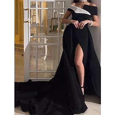 A-Line Evening Gown Elegant Dress Formal Court Train Black Dress Short Sleeve Off Shoulder Polyester with Pleats Beading Slit 2023 Lightinthebox