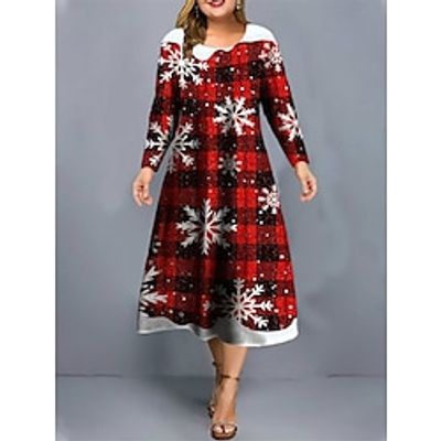 Women's Plus Size Curve Christmas Dress Casual Dress Skater Dress Plaid Snowflake Midi Dress Long Sleeve Print Crew Neck Fashion Outdoor Wine Gray Fall Winter L XL XXL 3XL 4XL Lightinthebox