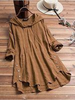 Womens Cotton And Linen Button Long-sleeved Plaid Top - thumbnail