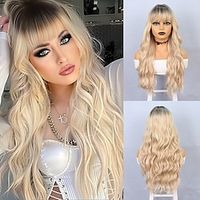 Cosplay Costume Wig Synthetic Wig Curly Body Wave Neat Bang Machine Made Wig 26 inch Black  Gold Synthetic Hair Women's Multi-color Mixed Color Lightinthebox - thumbnail