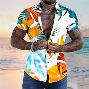 Men's Shirt Summer Hawaiian Shirt Floral Graphic Prints Leaves Turndown Yellow Green Street Casual Short Sleeves Button-Down Print Clothing Apparel Tropical Fashion Hawaiian Designer Lightinthebox