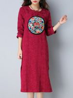 Vintage Embroidery Jacquard O-neck Dresses