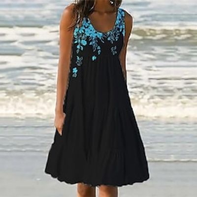 Women's Shift Dress Knee Length Dress White Blue Sleeveless Floral Pocket Print Spring Summer U Neck Casual Vacation 2022 S M L XL XXL 3XL Lightinthebox
