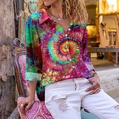 Women's Shirt Blouse Tie Dye Red Blue Green Print Button Long Sleeve Casual Fashion Shirt Collar Regular Fit Spring   Fall Lightinthebox