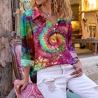 Women's Shirt Blouse Tie Dye Red Blue Green Print Button Long Sleeve Casual Fashion Shirt Collar Regular Fit Spring   Fall Lightinthebox - thumbnail