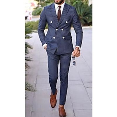 Blue Men's Wedding Suits Striped 2 Piece Plus Size Tailored Fit Double Breasted Six-buttons 2023 miniinthebox